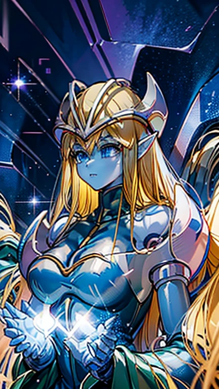Anime girl with long blonde hair wearing armor and sword, knights of zodiac girl, portrait knights of zodiac girl, In amethyst armor, oppai, huge tit, with large breasts, seductive princess knight, anime goddess, Princess Knight, ((a beautiful fantasy empress)), blonde - haired princess, a blonde emerald warrior, smooth anime cg art, Dress Armor Girl