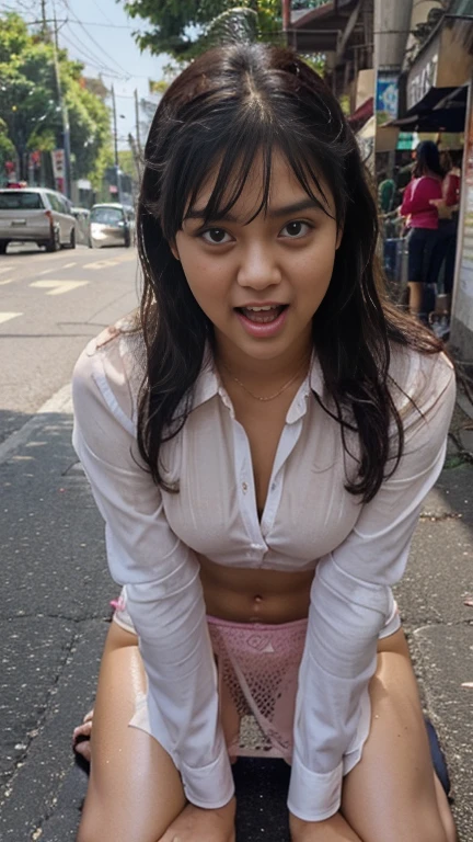  A slim Indonesian teenage girl on embarased momen for her, very pretty face ,  about nineteen years old , wearing a sheer office long sleeve all unbuttoned  shirt and pink panties look see-through, wearing  folded up long  skirt, get crazy caused by over dosage of sexual stimultants pills, beautiful messy wavy haired woman with bangs , her body lying rolling down around crazily on asphalt at the crowded sidewalk of a road in the  Bogor city, spreading very wide legs as look like being sex, open wide drooling mouth as enjoying peak of sex orgasm,she is  screaming aaackkhh, she is acting as being having sex orgasm peak, her redish face are very horny, rolled up half closed eyes,  she is feeling very excited sexuality, her vagina is very wet full of creamy liquids, she is gona be point of view people there, every body want to calming her, very realistic ,  very detailed, best , looks very sensual , 