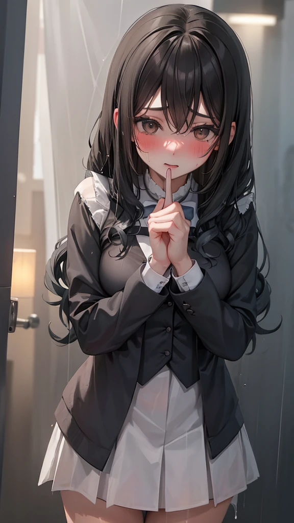 1 Girl,  Long black hair ,schoolgirl uniform, Shy,  blush, Wet, rain, transparent, (masterpiece,  are of the best quality), Soft Light,  movie composition ,  cinematic lighting