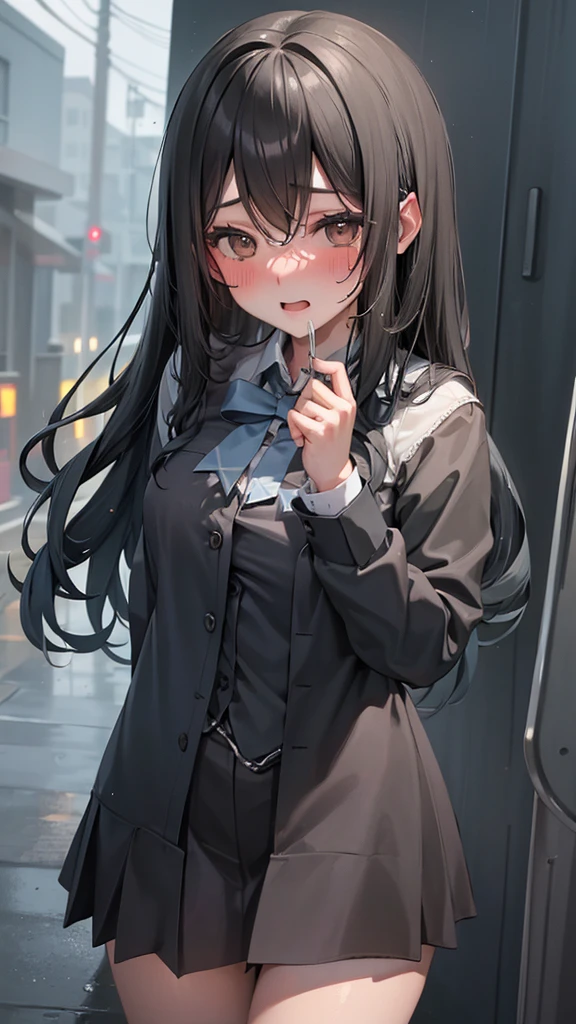 1 Girl,  Long black hair ,schoolgirl uniform, Shy,  blush, Wet, rain, transparent, (masterpiece,  are of the best quality), Soft Light,  movie composition ,  cinematic lighting