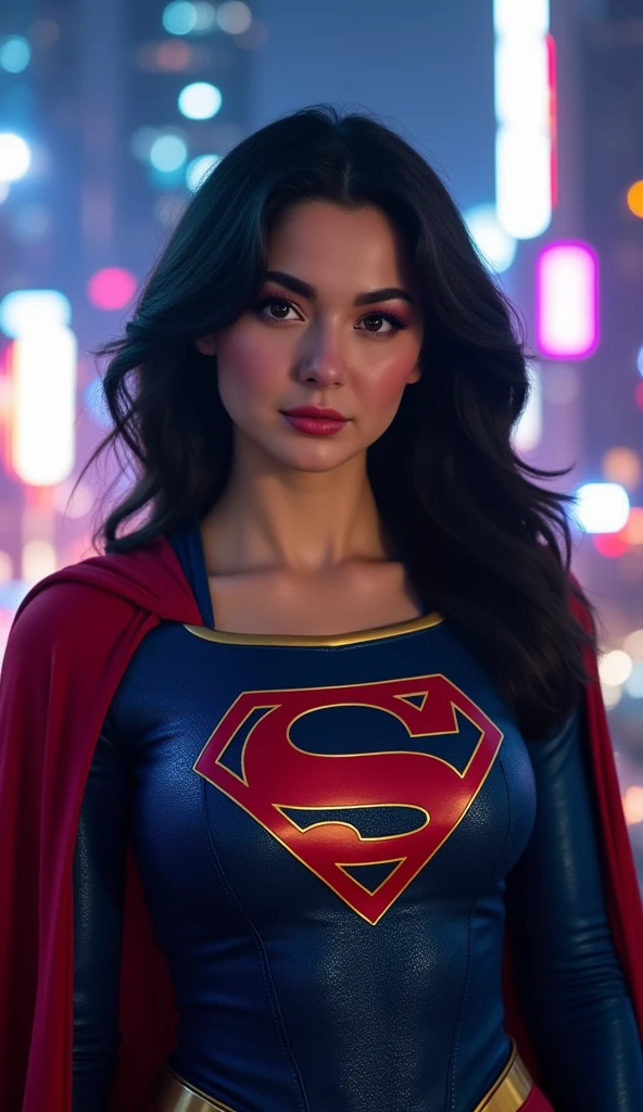 Hania Amir in Supergirl costume, (black hair), HD, remastered, HQ, 4K quality, cyberpunk cityscape, The very sexy Supergirl with her neckline outfit 