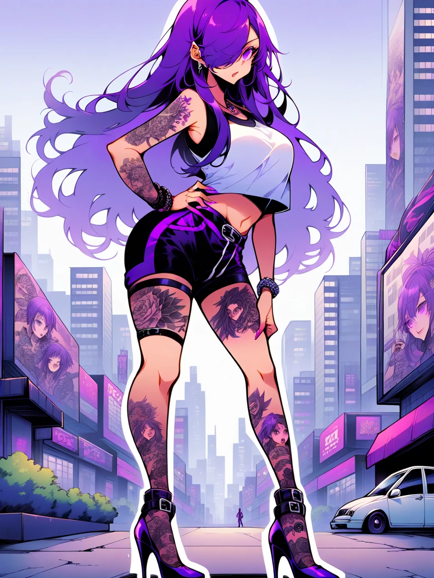 t4ts, tattoos, tattoo, 1girl, Shez, purple hair, tank top, booty shorts, high heels, purple eyes, standing, city background, crop top, large breasts,  hair over one eye