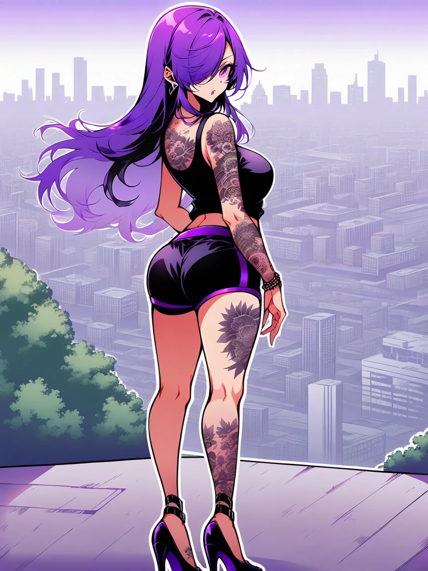 t4ts, tattoos, tattoo, 1girl, Shez, purple hair, tank top, booty shorts, high heels, purple eyes, standing, city background, crop top, large breasts,  hair over one eye