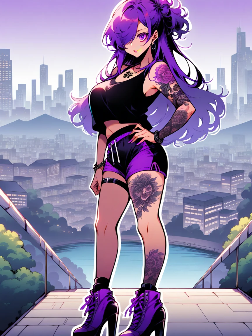 t4ts, tattoos, tattoo, 1girl, Shez, purple hair, tank top, booty shorts, high heels, purple eyes, standing, city background, crop top, large breasts,  hair over one eye