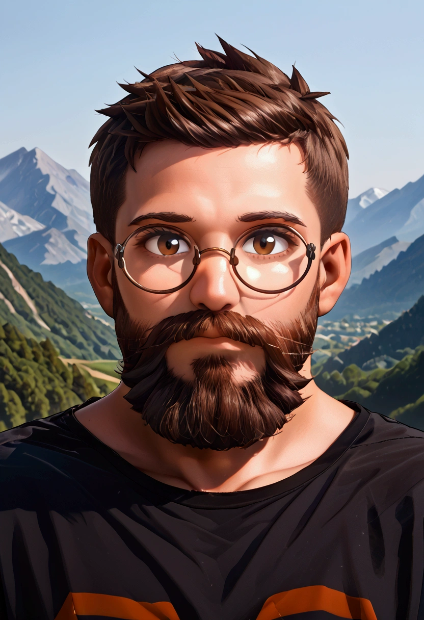 1 boy, round glasses, very short hair, dark brown hair, long beard, average weight, black beard, brown eyes, black shirt, head facing to the right, eyes looking at viewer, mountain background, 8k, high detail, 8k detailed glasses, 8k detailed face, 8k detailed hair, 8k detailed beard. 