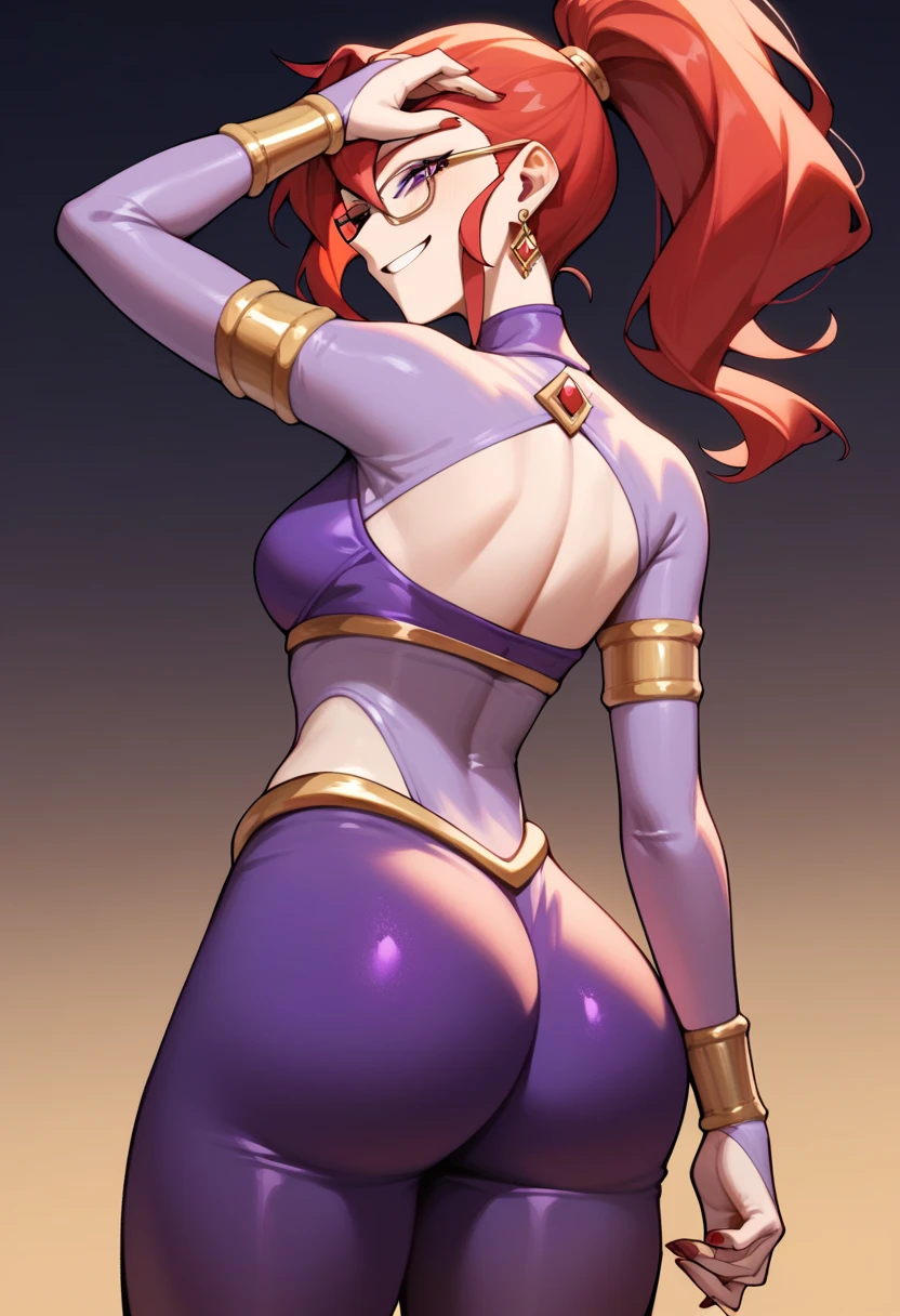 Mars, red nails, smiling, red hair, ponytail hairstyle, purple eyes, gold earings, purple genie outfit, gold brasalet, showing boobs, winking one eye, showing belly, glasses, black tights, shwoing ass