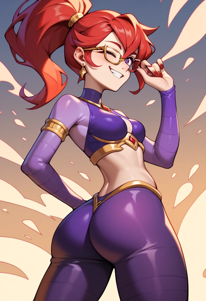 Mars, red nails, smiling, red hair, ponytail hairstyle, purple eyes, gold earings, purple genie outfit, gold brasalet, showing boobs, winking one eye, showing belly, glasses, black tights, shwoing ass