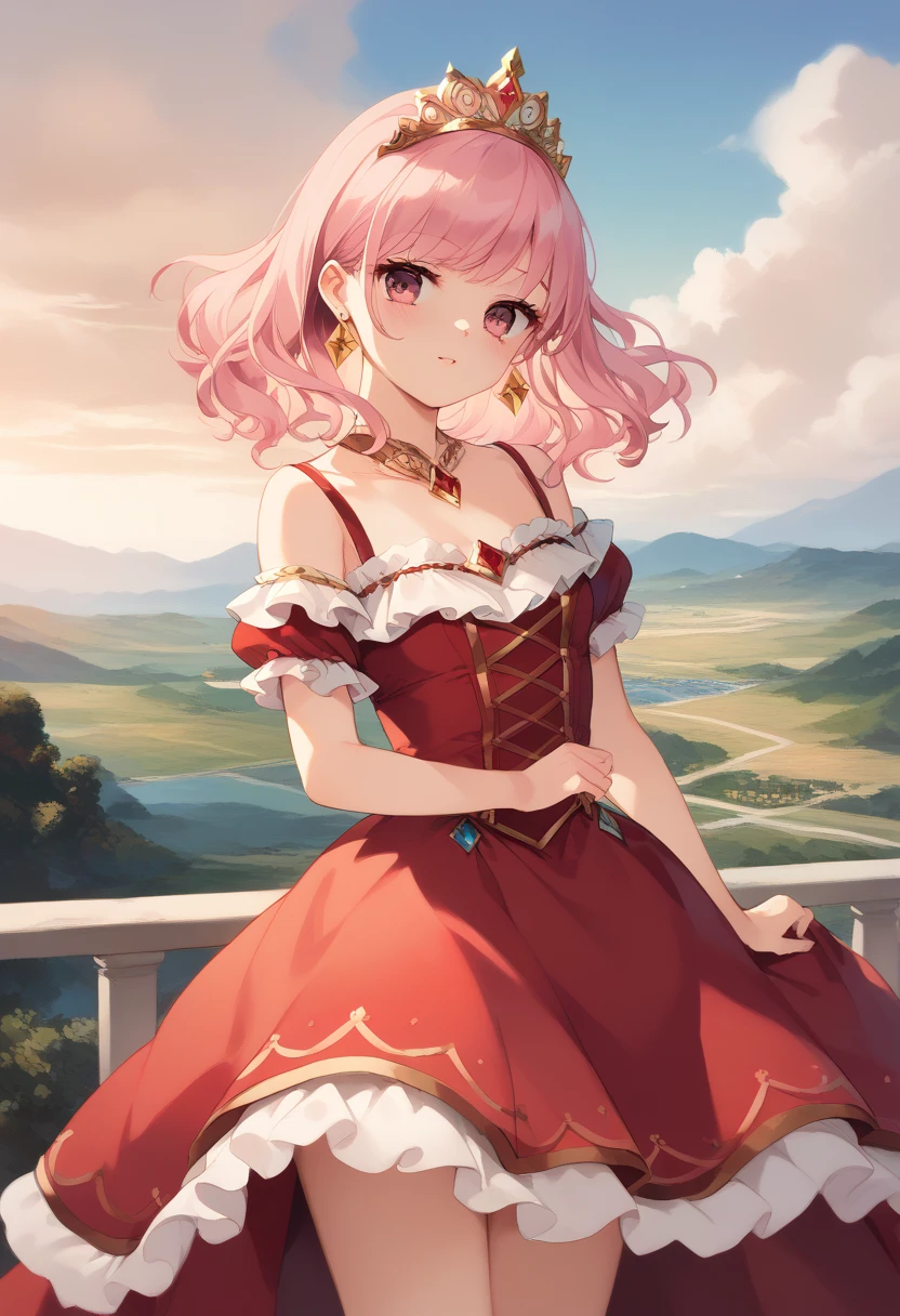 1girl, solo, masterpiece, best quality, blushing, pink hair, pink and gold tiara, pink eyes, light makeup, pink and gold tiara, diamond earrings, off the shoulder dress, layered dress, short sleeves, ruby red dress, ballroom background/landscape, frilly dress, cute girl,  (anime art style:1.0),