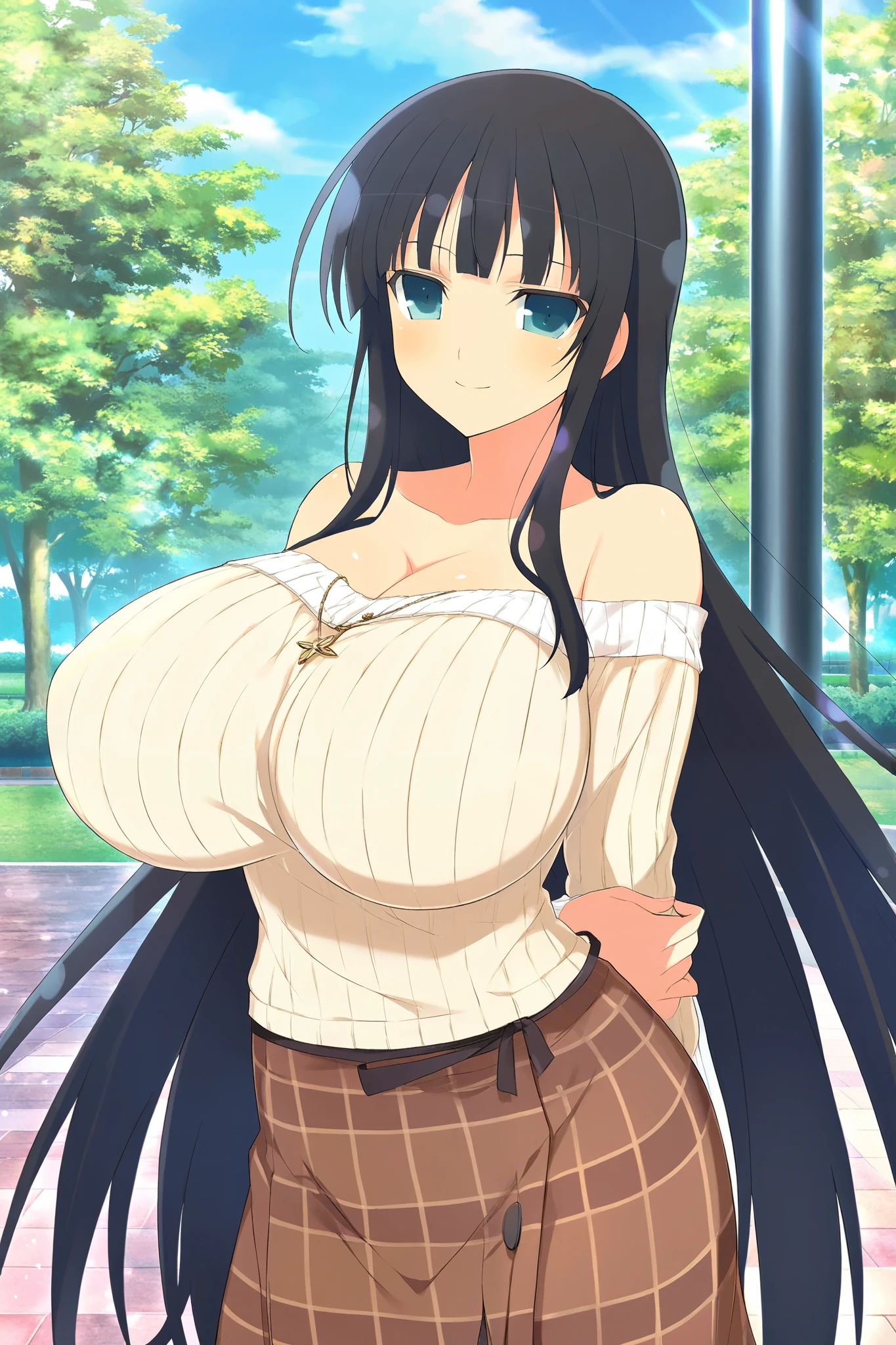 masterpiece, best quality, anime art style, Official Art, perfect eyes, detailed eyes, perfect face, perfect hair, detailed hair, beautiful character design, 1 girl, alone, Ikaruga (Senran Kagura), black hair, hime cut, blue eyes, happy, sweet smile, standing, arms behind back, slim body, cowboy shot, gigantic breasts, cleavage, long sleeve, off-the shoulder ribbed shirt,  beige shirt, brown plaid skirt, long skirt, outdoors, at the park