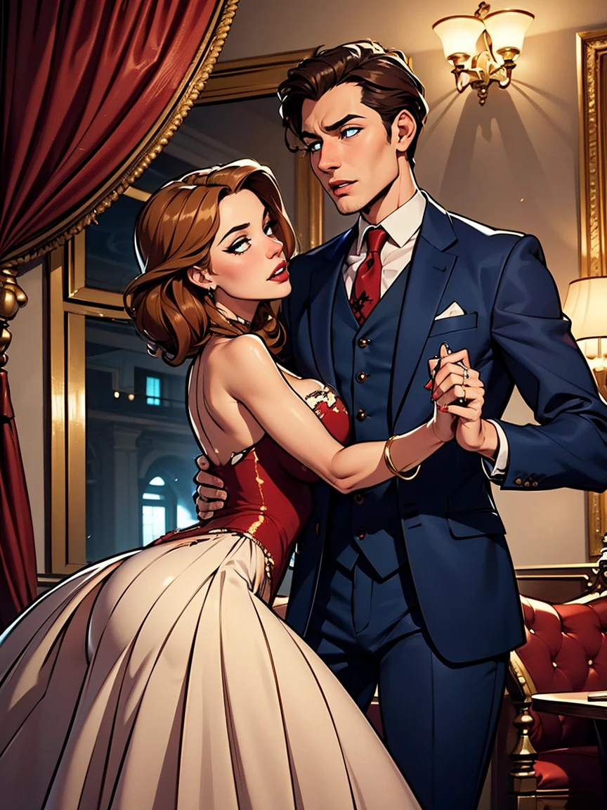 a man and a woman standing in a luxurious hall, the woman wearing an elegant ballgown dress with long purple hair styled beautifully flowing down her shoulders and waist, the man in a tuxedo with slicked back red hair, formal mafia party scene, the woman standing next to the man as he protects her, detailed face and eyes, photorealistic, cinematic lighting, dramatic atmosphere, vibrant colors, intricate details, high fashion, chiaroscuro lighting, moody, elegant, sophisticated, cinematic composition, award-winning photography, masterpiece, best quality, 8k, hyperrealistic, photorealism, physically-based rendering, extremely detailed, studio lighting. A girl stands next to a guy. He puts his arm around her waist, his face is gloomy. There are many people around