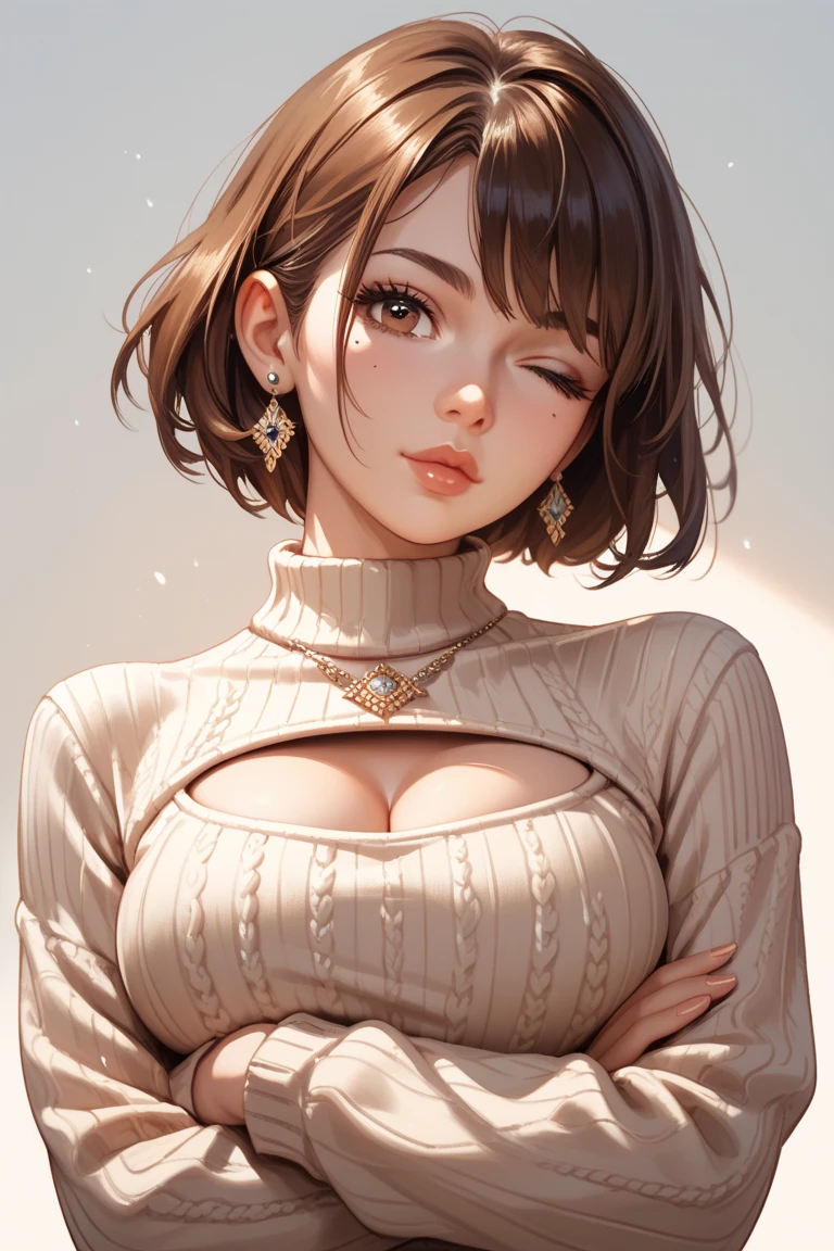 (Best quality, 8k, 32k, Masterpiece, UHD:1.2),Photo of Pretty Japanese woman, large breasts, very short bob hair,upper body,face focus,oversized_sweater, necklace, simple background, from above, looking at viewer,