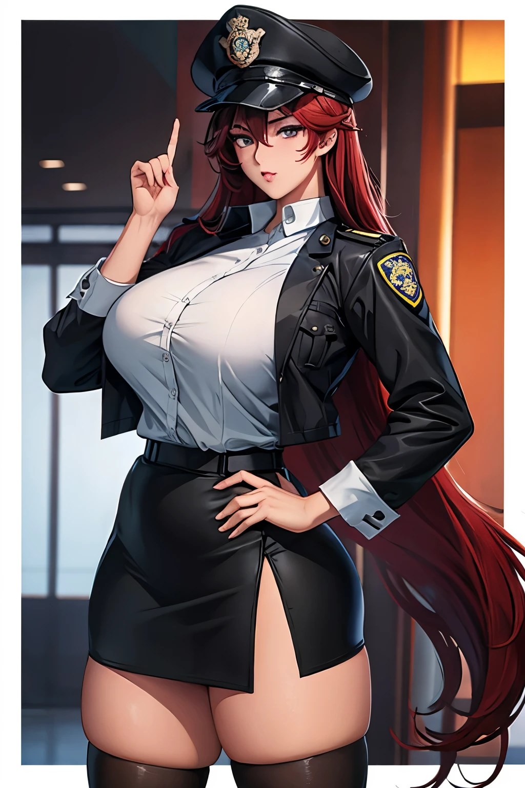 Female police officer、 wearing a black police hat, white shirt, and black tight skirt、Show whole body、Big Breasts:2、Long Red Hair、Twin Roll Hair Red、 shameful expression 、I can't say anything in my mouth 、Mouth closed、One leg raised high:2、One hand on hip、The gaze is directed forward 、 wearing black burgundy stockings、Black panties visible 、