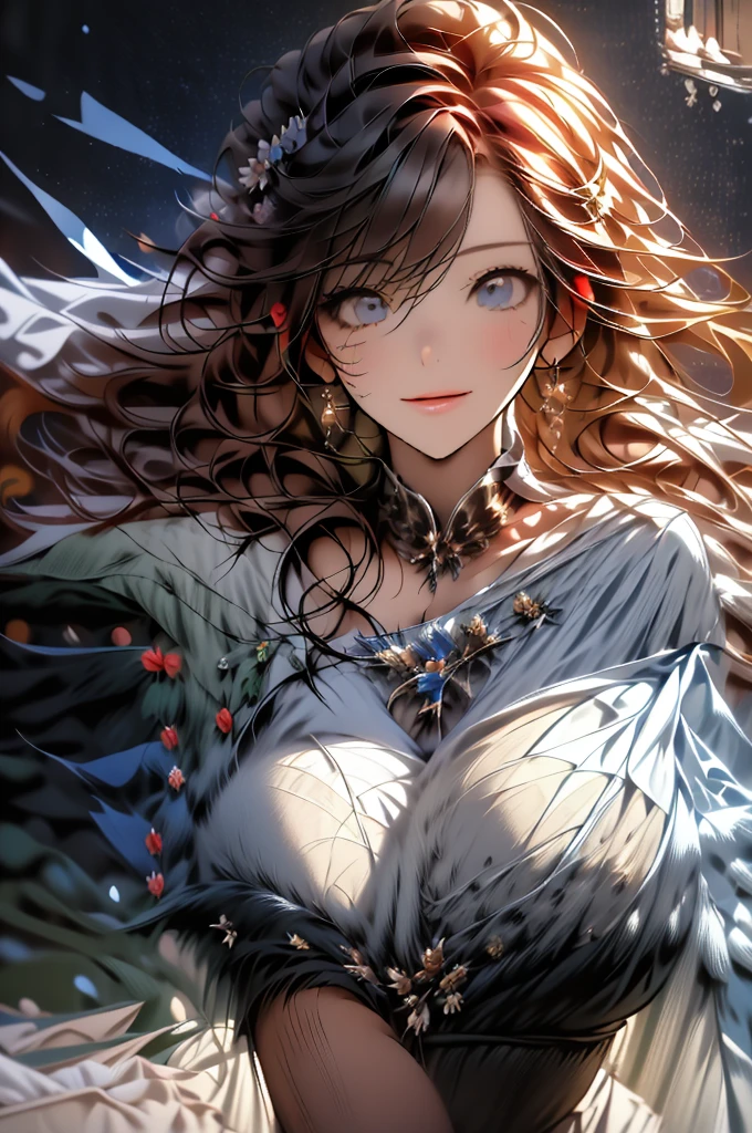 ((best quality)), ((masterpiece)), (detailed) redhead, ethereal beauty, (fantasy illustration: 1.3), seductive gaze, charming pose, gorgeous white shirt dress set, otherworldly charm, mysterious sky, (Luis Royo: 1.2), (Yoshitaka Amano: 1.1), moonlit night, pastel colors, (detailed clouds: 1), (high resolution: 1.2), perfect lighting, dynamic light, DSLR camera lens, 8k, perfectly detailed face, detailed height, lipstick, smile --auto --s2