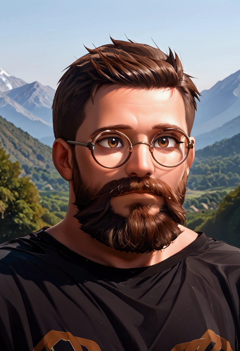 1 boy, round glasses, very short hair, dark brown hair, long beard, average weight, black beard, brown eyes, black shirt, head facing to the right, mountain background, 8k, high detail, 8k detailed glasses, 8k detailed face, 8k detailed hair, 8k detailed beard. 