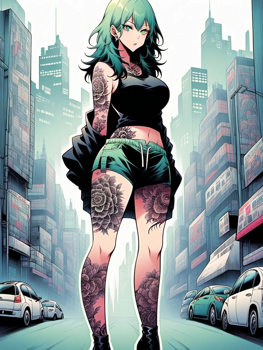 t4ts, tattoos, tattoo, 1girl, Byleth, light green hair, tank top, booty shorts, high heels, light green eyes, standing, city background, crop top, large breasts, 