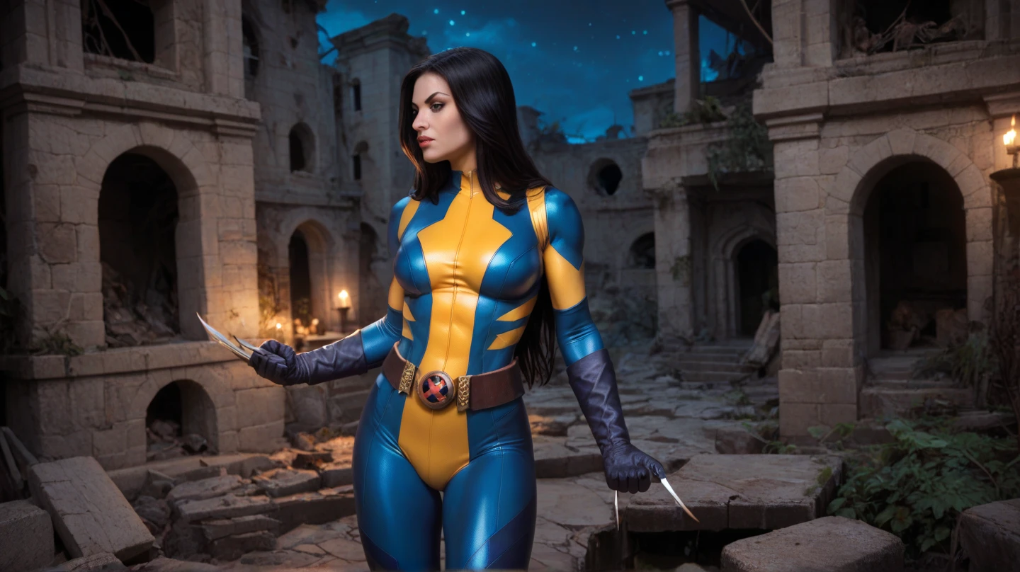 score_9, score_8_up, score_7_up, masterpiece, high quality,
 LraKinyX, long hair, bodysuit, gloves, belt, weapons, claws,standing a stone in some ruins, night, looking at viewers, mediumshot, looking at viewers