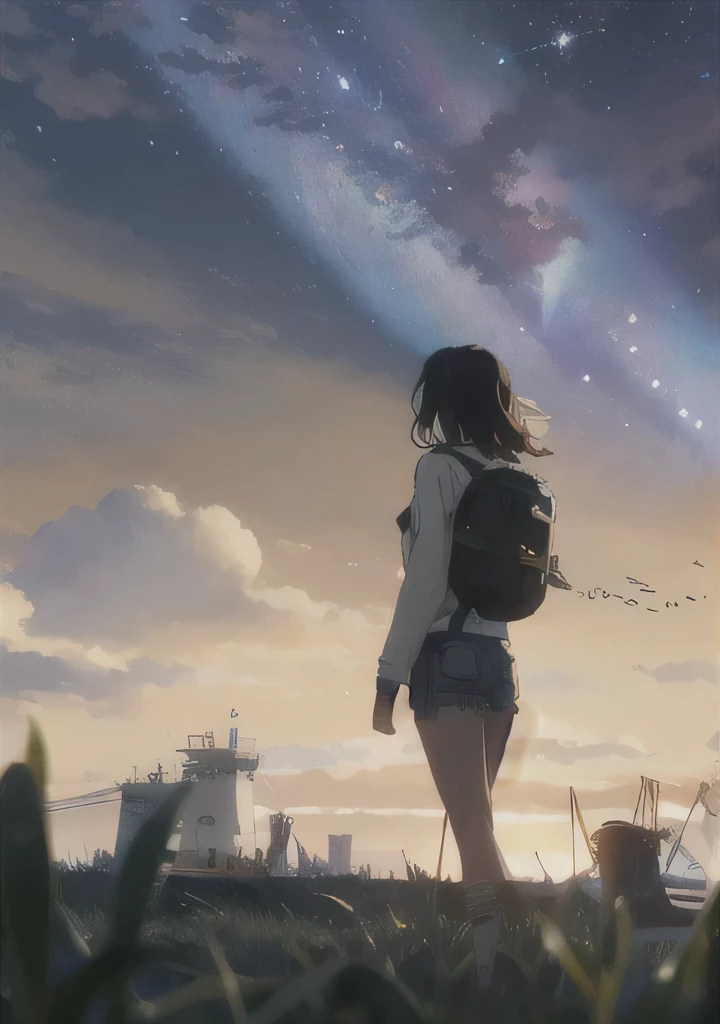 Girl in little swimwear walking towards the dark city, anime style landscape, decaying city, poor lighting, girl walking in the city, starry sky