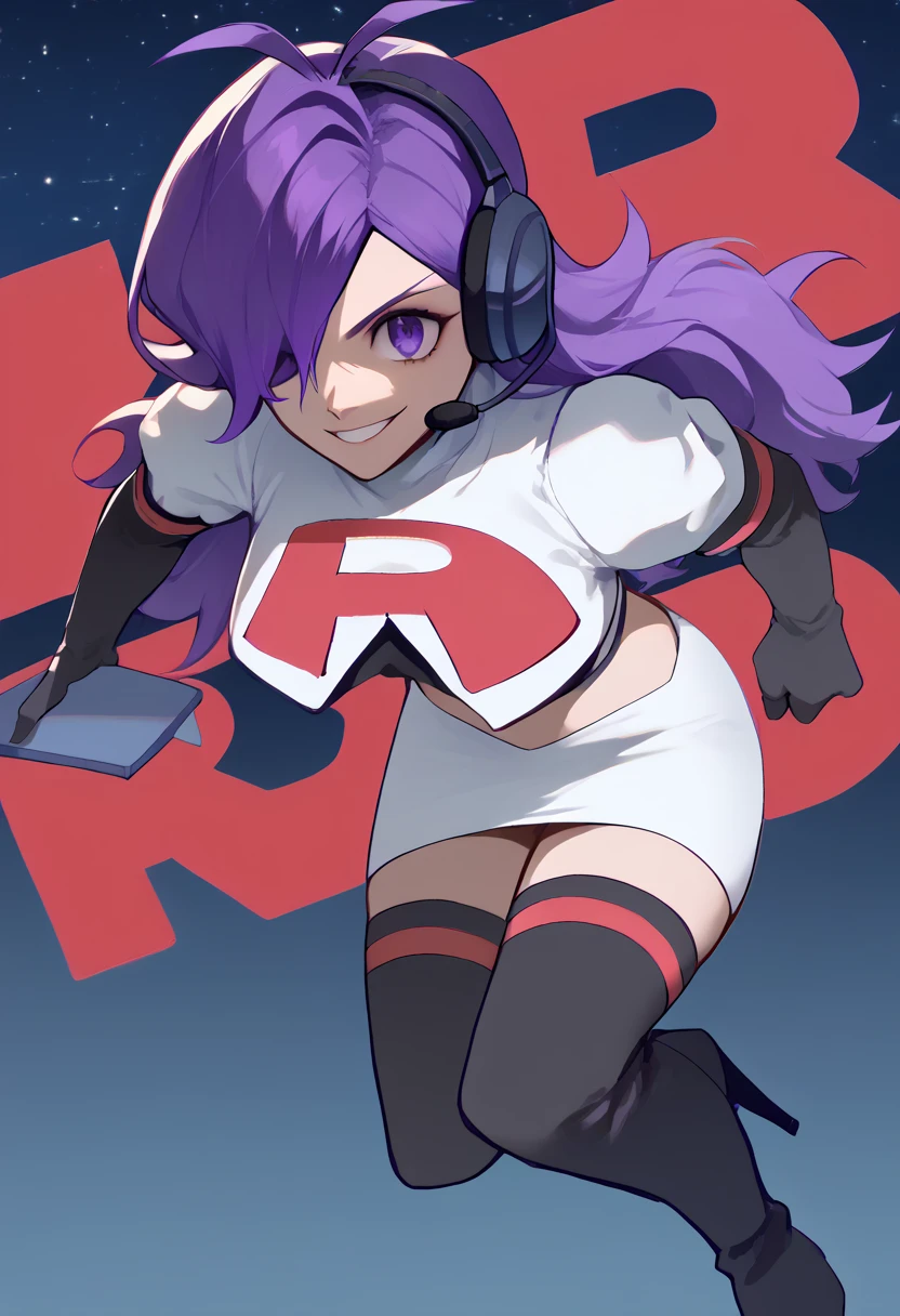 Team rocket, team rocket uniform, red letter R, white skirt,white crop top,black thigh-high boots, black elbow gloves, evil smile, night sky background, headset, large breasts, high-heeled boots, Shez, purple hair, hair over one eye, antenna