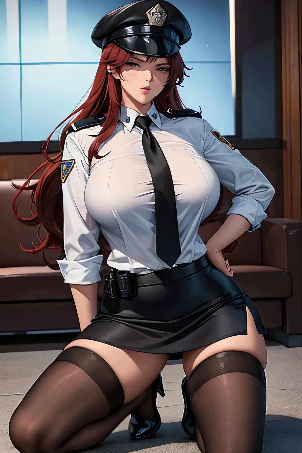 Female police officer、 wearing a black police hat, white shirt, and black tight skirt、Show whole body、Big Breasts:2、Long Red Hair、Twin Roll Hair Red、 shameful expression 、I can't say anything in my mouth 、Mouth closed、One knee is raised a lot:2、One hand on hip、The gaze is directed forward 、 wearing black burgundy stockings、Black panties visible 、