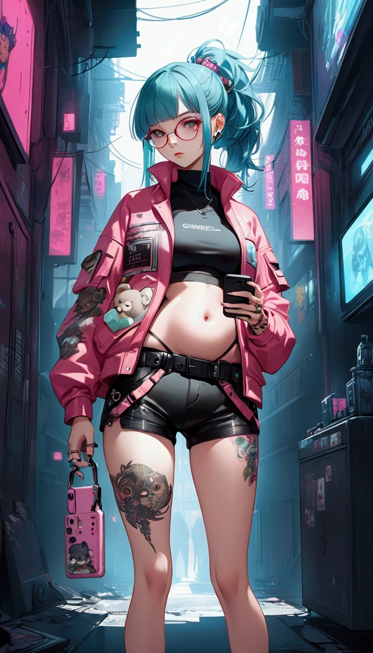  full body general plan  :1.3,  There is a woman with tattoos on her arms and a cell phone  ,  she is in the profile of the camera  ,  she has a pink leather jacket  ,  with teddy bear ornaments  , flowers stars  , wear reading glasses ,  she has a ponytail in her hair and shaved on her sides,  fringe to the side  ,  rings on her fingers  , You can see your belly  , ,  very short black shorts  ,  a black belt hanging  ,  tattoos on his legs  ,  white background with gray  ,  brushed cyan and pink  , Cyberpunk art by Russell Dongjun Lu  , trendy in cg society, arte digital,  artwork in the style of guweiz  , guweiz, Digital art anime cyberpunk  , cyberpunk art style, cyberpunk anime girl, Cyberpunk streetwear,  highly detailed character design  ,  cyberpunk style  , female cyberpunk anime girl, Cyberpunk atmosphere