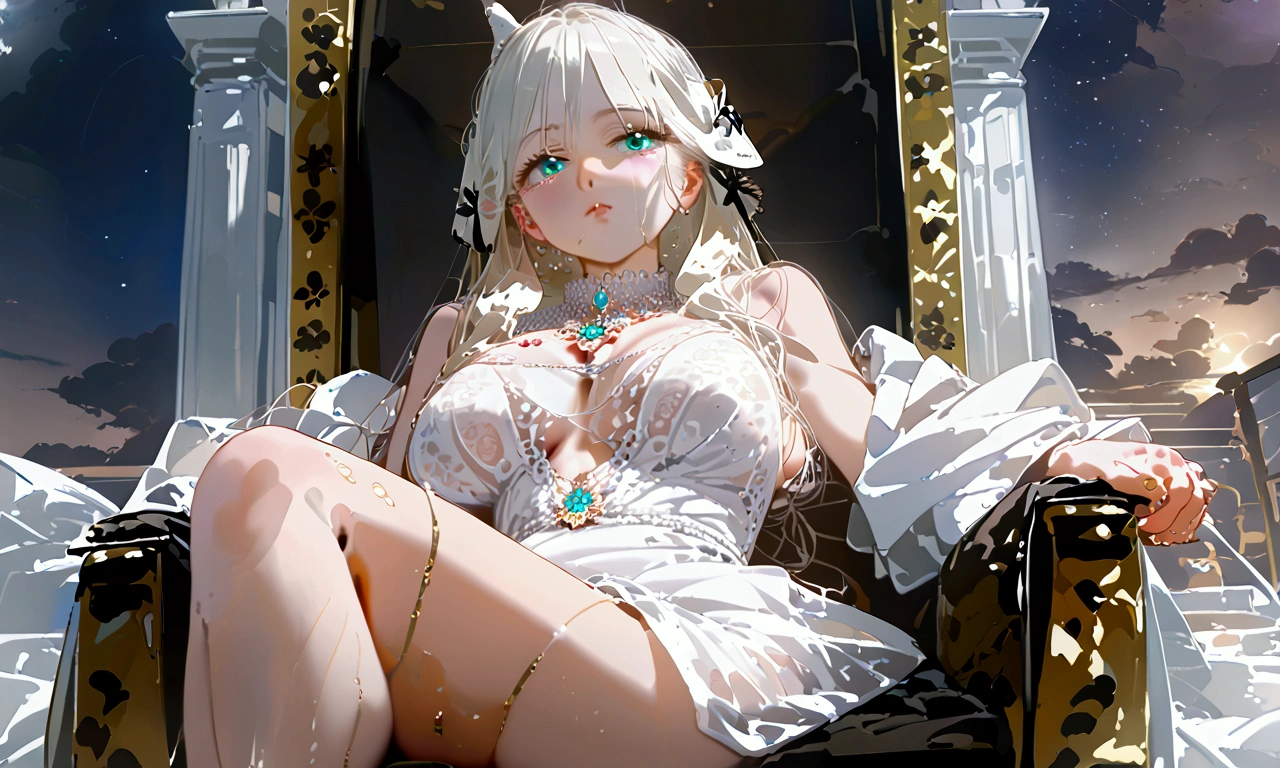 Boosette lying leg spread, white hair, Wet and see-through white dress, showing her luscious shape and breasts, visible breasts and wet underwear, nsfw