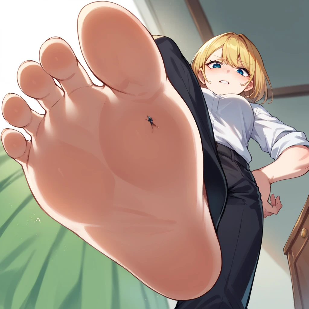 score_9, score_8_up, score_7_up, source_anime,  BREAK      pov: under giantess,White skin tone, white shirt, black pants, blonde hair,from below