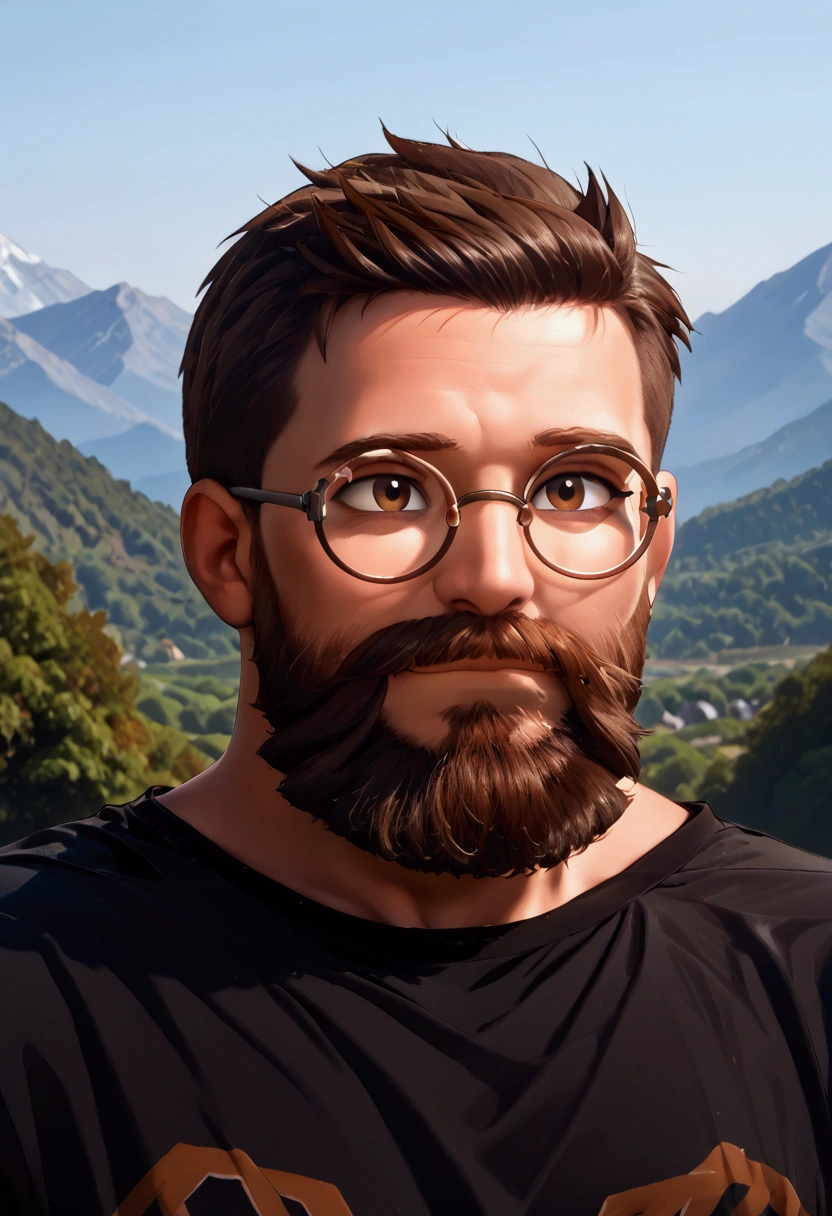 1 boy, round glasses, very short hair, dark brown hair, long beard, average weight, black beard, brown eyes, black shirt, head facing to the right, mountain background, 8k, high detail, 8k detailed glasses, 8k detailed face, 8k detailed hair, 8k detailed beard, smirk. 