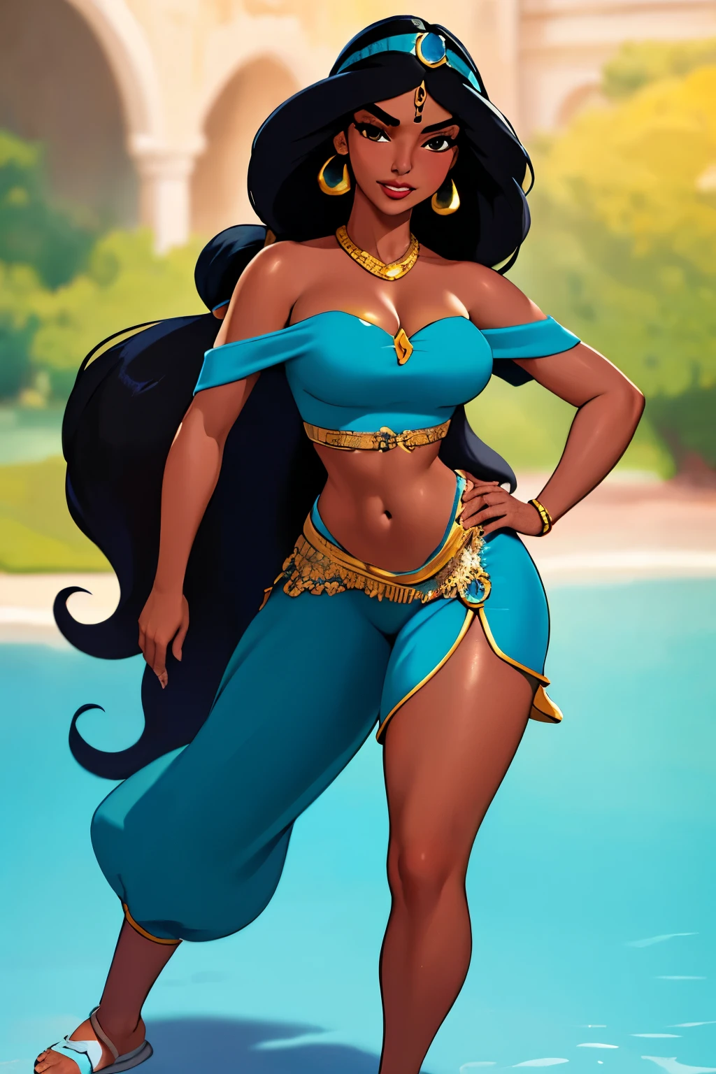 ((1girl)), ((jasmine)), (((sexy))), ((brown skin)), ((thick thighs)), ((big booty)), ((wide hips)), (big breasts), ((black hair)), (sexy smile), ((best quality)), (high quality), (detailed), (perfect face), (), (teal bikini), ((fishnets)), ((open mouth)), ((dripping cum)), (cum)