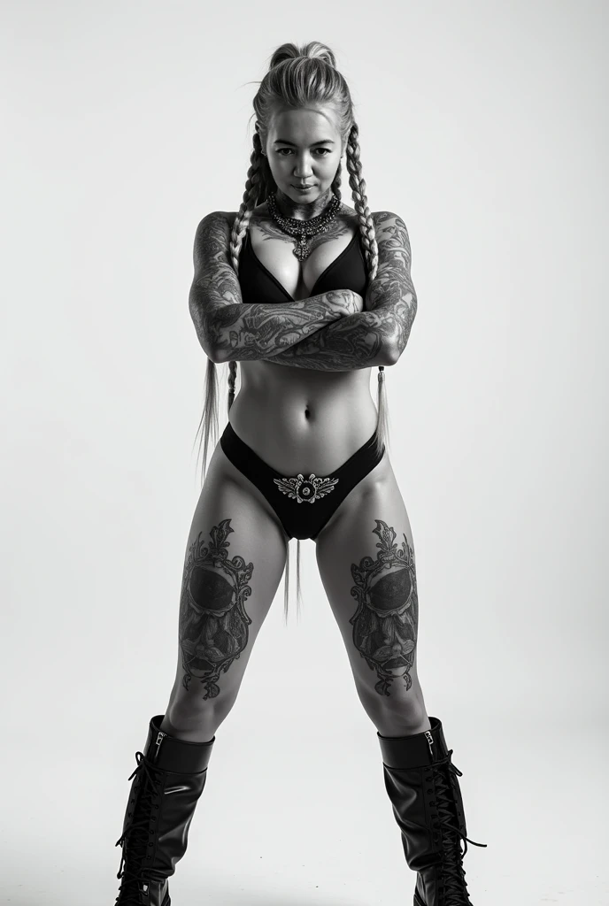 Mature fat woman, forty years old, holding a revolver, naked body bellow waist , long Black hair, small and saggy breasts , bad face, angry face,, (( fullbody view)), wearing a punk higheels