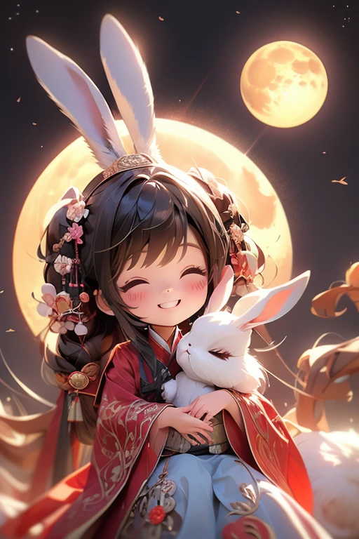 masterpiece,best quality, 1girlï¼chibi, smile, hanfuï¼rabbit ï¼ full moon 