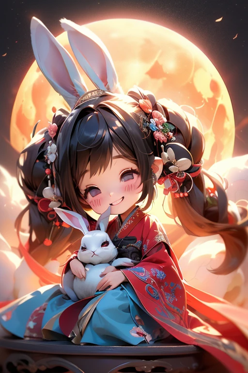 masterpiece,best quality, 1girlï¼chibi, smile, hanfuï¼rabbit ï¼ full moon 