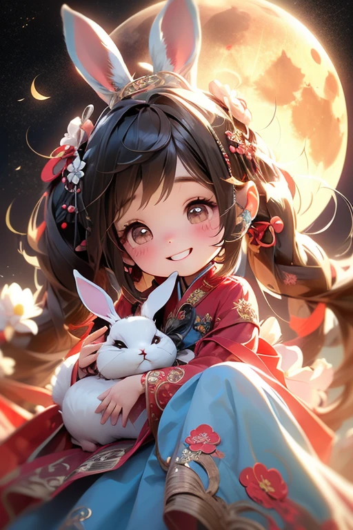 masterpiece,best quality, 1girlï¼chibi, smile, hanfuï¼rabbit ï¼ full moon 