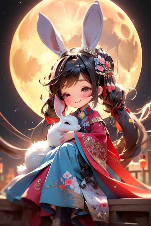 masterpiece,best quality, 1girlï¼chibi, smile, hanfuï¼rabbit ï¼ full moon 