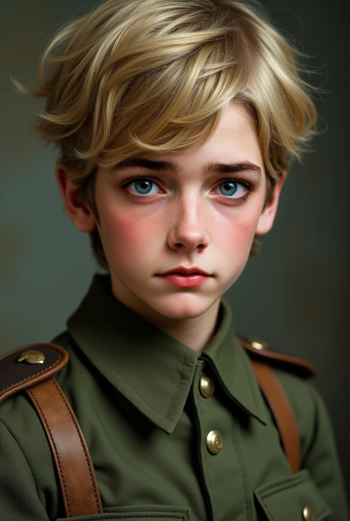 ((best qualityer)), ((work of art)), (detailded), 1 slave boy with simple and torn clothes, with wavy light brown hair, light green eyes with a vulnerable expression, pale skin, a visible scar below the left eye.