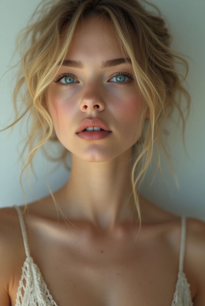 Blonde, girl, teen, low messy bun, big blue eyes, tan skin, upturned nose, close facial features, curved eyebrows, white tanktop