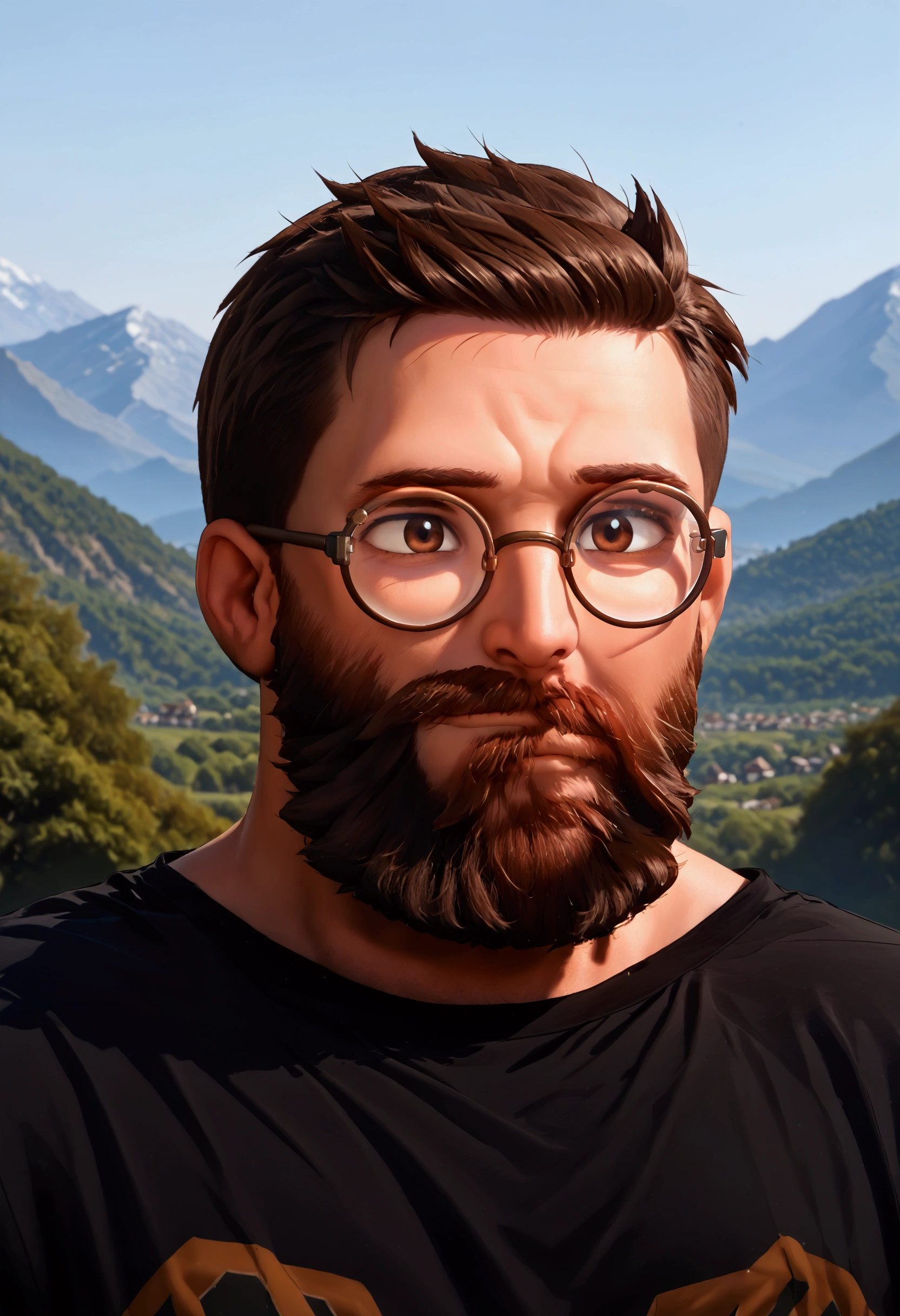 1 boy, round glasses, very short hair, dark brown hair, long beard, average weight, black beard, brown eyes, black shirt, head facing to the right, mountain background, 8k, high detail, 8k detailed glasses, 8k detailed face, 8k detailed hair, 8k detailed beard, smirk. 