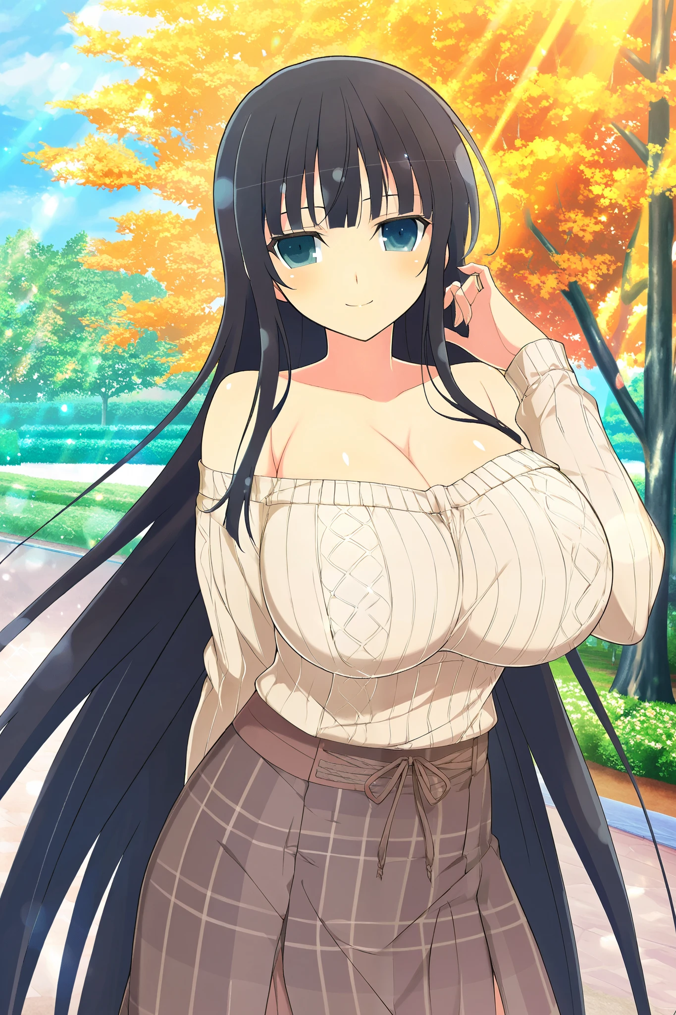 masterpiece, best quality, anime art style, Official Art, perfect eyes, detailed eyes, perfect face, perfect hair, detailed hair, beautiful character design, 1 girl, alone, Ikaruga (Senran Kagura New Link), black hair, blunt bangs, hime cut, blue eyes, happy, sweet smile, standing, arms behind back, slim body, cowboy shot, gigantic breasts, cleavage, long sleeve, off-the shoulder ribbed shirt,  beige shirt, brown plaid skirt, long skirt, outdoors, at the park