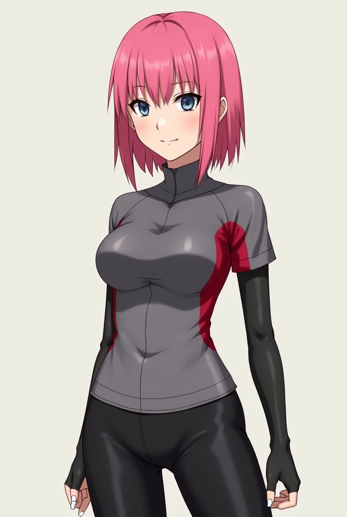 (masterpiece, highest quality:1.2), Cami Bender, One girl, alone, chest, Bodysuits, large chest, Pink Hair, Fits perfectly to the skin, short hair, Simple Background, Gray background, lips