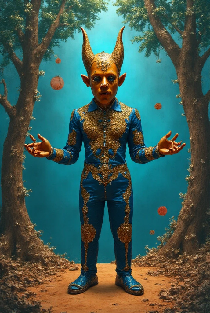 ELEGUA, is the mischievous guardian of the roads , standing at a crossroads , wearing a two-sided mask that reflects his dual nature. Around you, bells and bells hang from the trees , and the floor is covered with dry leaves . His eyes are mischievous and his posture , playful, inviting the observer to follow his path . The colors used, especially the blue and gold tones , create a magical and dreamlike environment . fantastic and mythological art style , with an imaginative and visual representation of a Yoruba deity