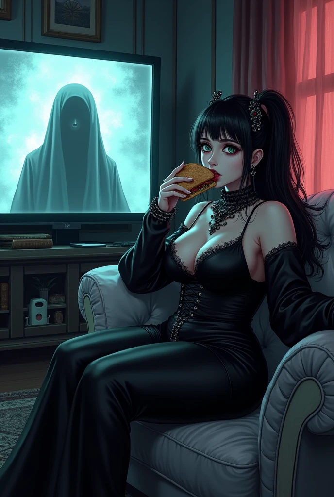  anime style, Voluptuous goth woman sitting eating a sandwich in her living room while a Japanese ghost of a woman is seen on the screen