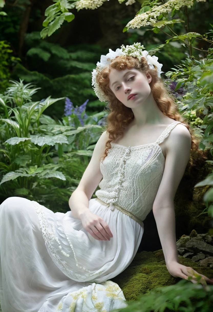 arafed woman in white dress laying on a rock in a garden, a stunning young ethereal figure, inspired by Edward Robert Hughes, porcelain pale skin, inspired by Konstantin Somov, soft pale white skin, inspired by Eleanor Fortescue-Brickdale, pale porcelain white skin, forest fae, inspired by Arthur Hughes, very pale skin, pale white skin