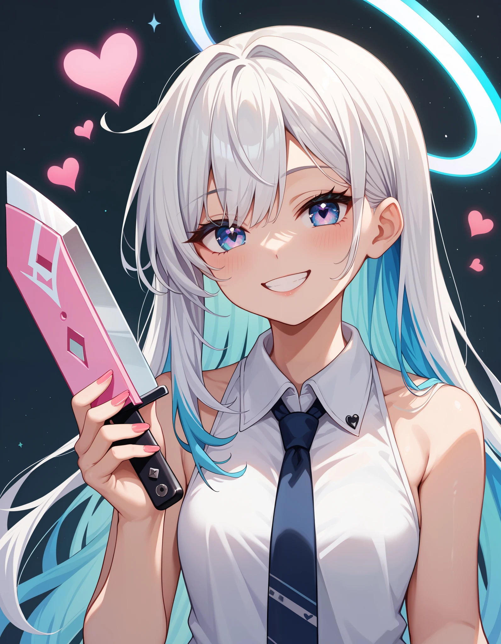 score_9, score_8_up, score_7_up,, 1girl, solo, colorful, simple background, halo, heart, knife, long hair, oversized object, shirt, sleeveless, sleeveless shirt, two-tone hair, white hair, smile, sidelocks, multicolored hair, necktie, masterpiece, best quality, newest, very awa