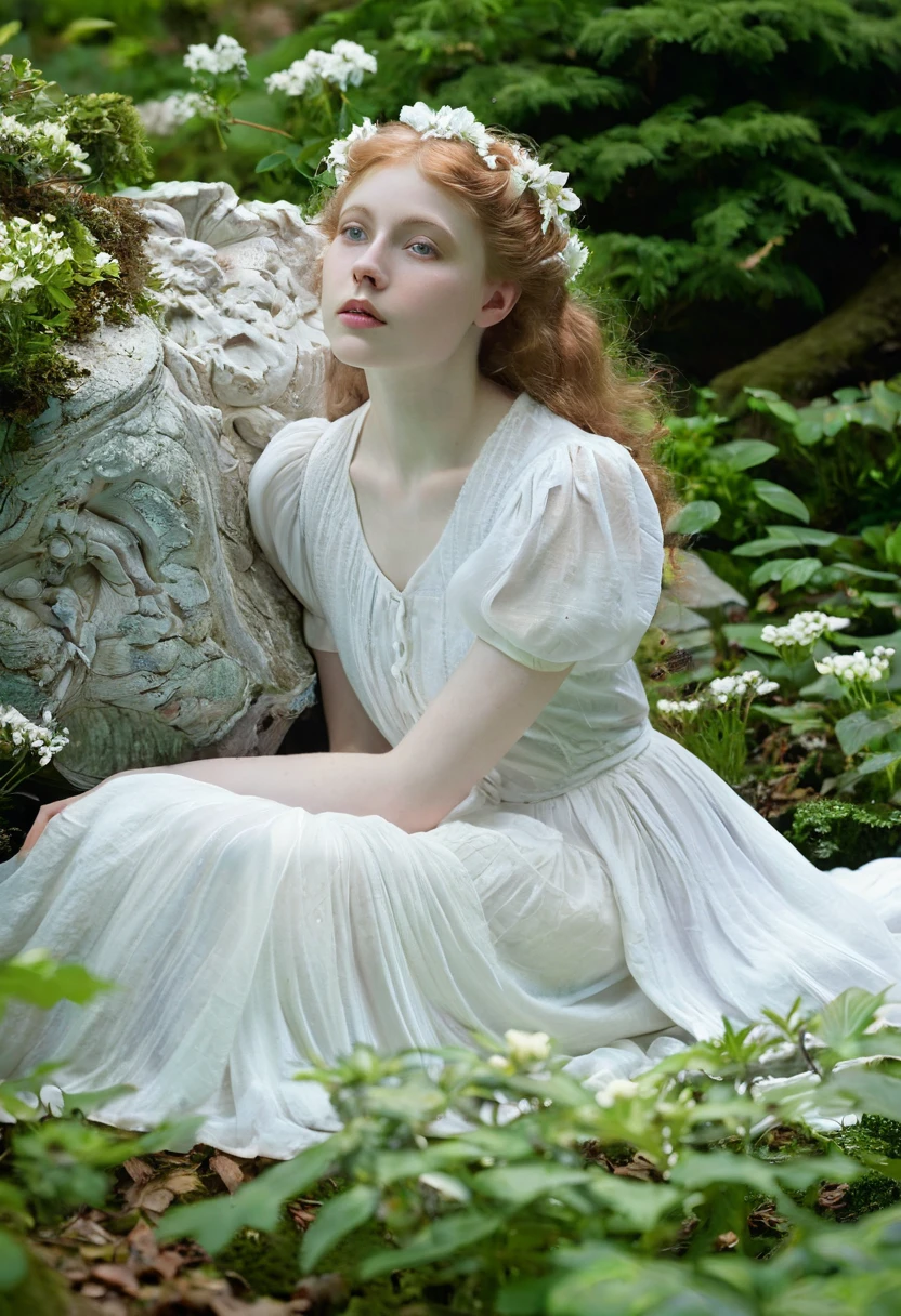 arafed woman in white dress laying on a rock in a garden, a stunning young ethereal figure, inspired by Edward Robert Hughes, porcelain pale skin, inspired by Konstantin Somov, soft pale white skin, inspired by Eleanor Fortescue-Brickdale, pale porcelain white skin, forest fae, inspired by Arthur Hughes, very pale skin, pale white skin