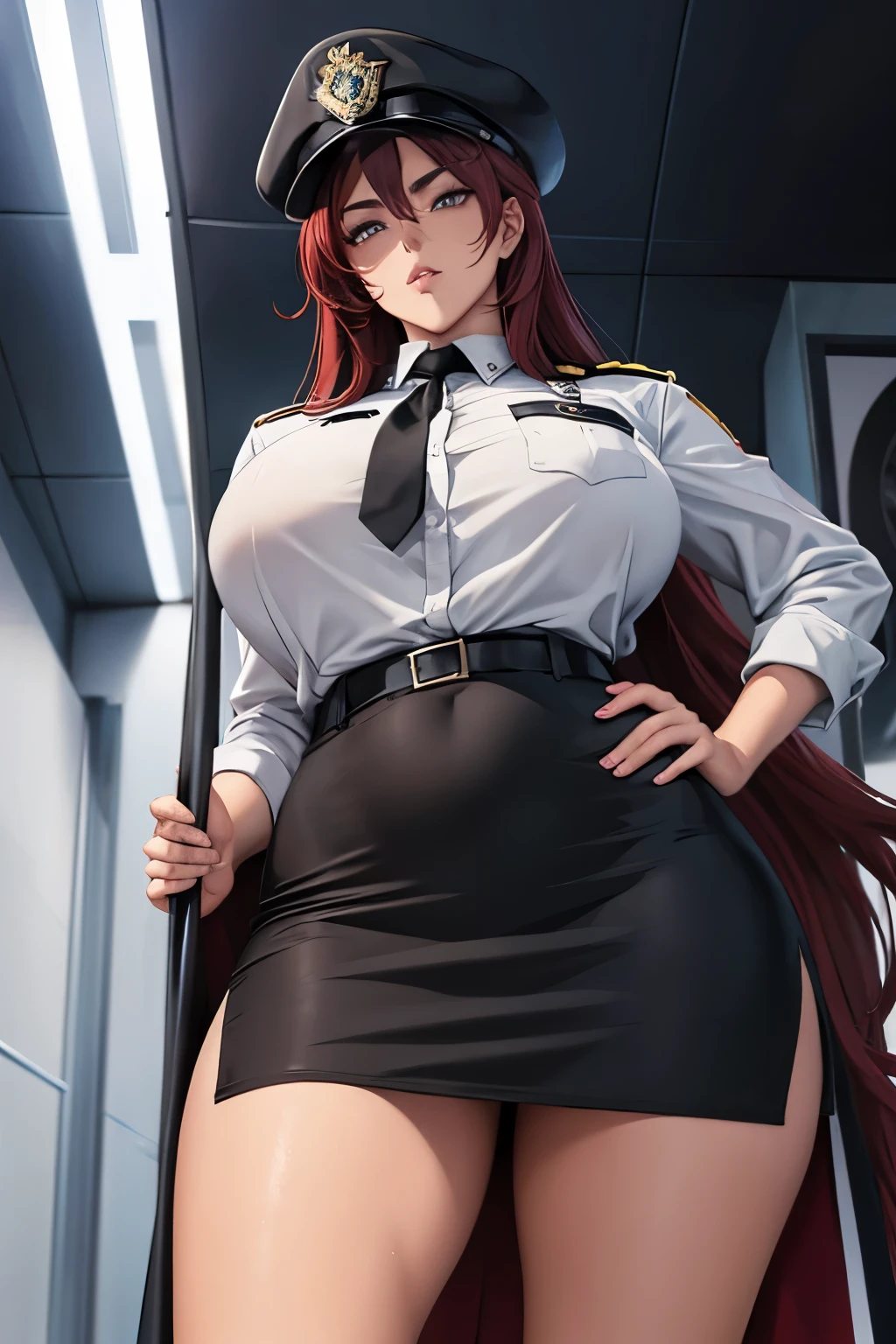  Focus on Crotch 、Shooting from below、Female police officer、 wearing a black police hat, white shirt, and black tight skirt、Show whole body、Big Breasts:2、Long Red Hair、Twin Roll Hair Red、 shameful expression 、I can't say anything in my mouth 、Mouth closed、 her legs are wide open :2、One hand on hip、The gaze is directed forward 、 wearing black burgundy stockings、Black panties visible 、