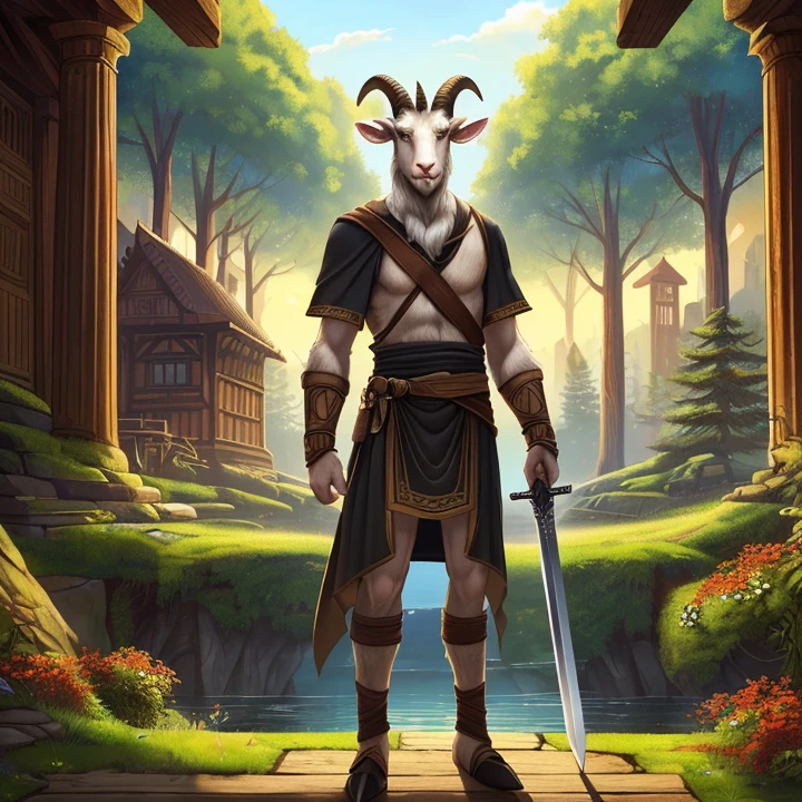 Masterpiece, HD, high resolution, high quality, best quality, super detailed. Solo creature alone, multiple views. Fantasy art.
{{(An anthropomorphic-animal: A 200-years-old male-adult-satyr:(appearance: grey-goat-fur. Goat-animal-head. Goat-animal-face. 2-Goat-long-horns. Goat-mouth. Yellow-eyes with black-pupils. Anthro-goat-slender-body. Slender-arms. Anthro-goat-legs with goat-hooves. Hairy-goat-tail. He stands 1,80-CM-tall. Serious expression. Fierce and introvert personality. He stands vigilant.),(he wears: red-etruscan-tunic. Bronze-wristbands.),(equipment: long-greek-sword in his left-hand.),(scenery: huge-wooden-city. Huge-wooden-magical-buildings. Black-forest. Black-trees. Sunny-sky.))}}