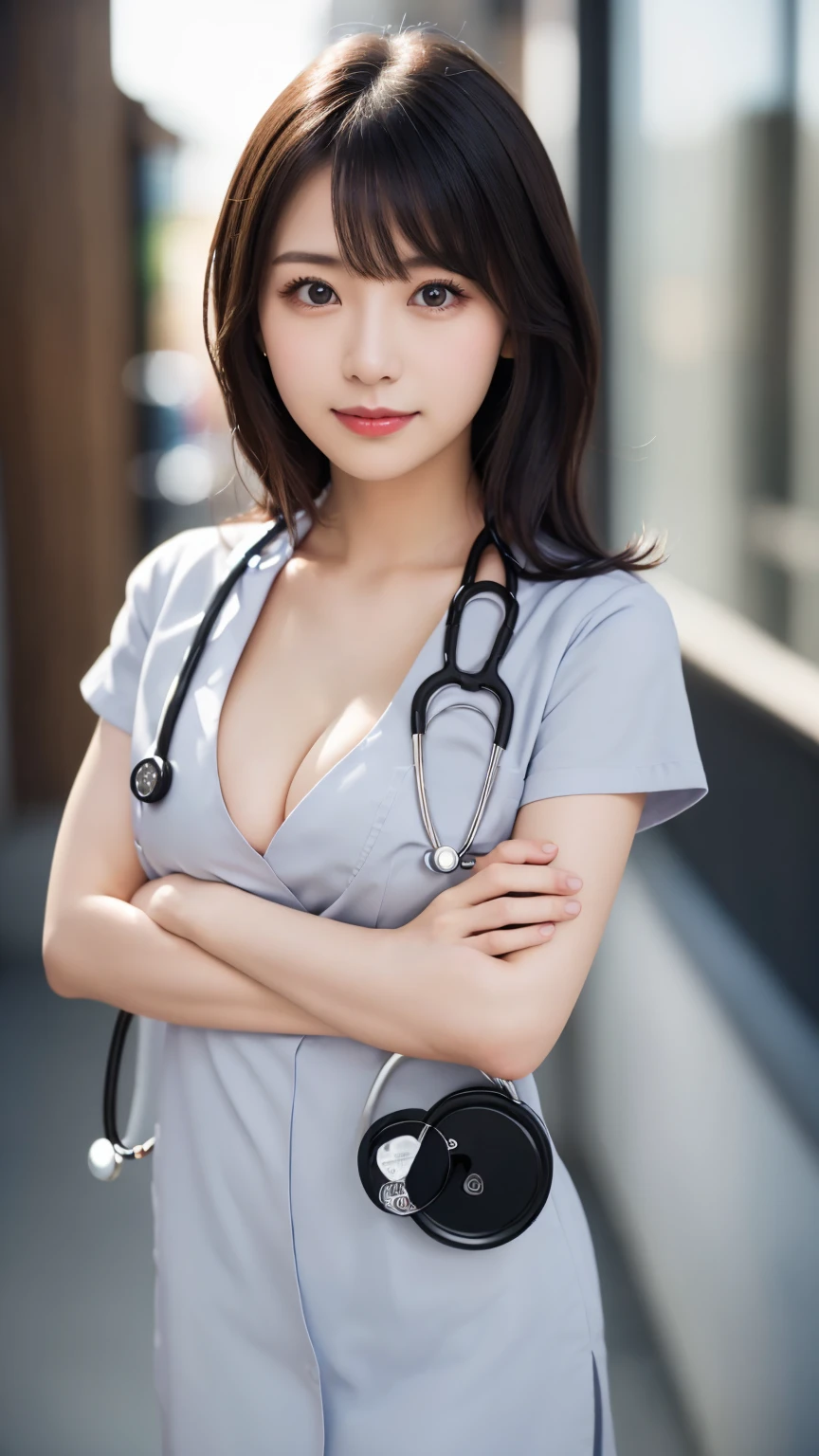 ( nurse uniform  : 1.5), (nurse : 1.5), (Holding a stethoscope : 1.5), ( curled hair  : 1.5), (upper body : 1.5),  pose、(Delicate and realistic hair, Realistic black Hair), bangs, smile, ((white indoor)), ( police clothes : 1. 2), young and adorable Japanese face, Official Art, high definition CG Unity 8k wallpaper,Ultra high definition ,Very detailed, half photos with Brazil, high definition , Kodak Portrait 400, film grain , lens flare glow, best quality,8k, as a portrait shot,8k, Show viewer , ((masterpiece)), (( best quality)), ( super detailed), ((cute)), (( sexy)), (( Very detailedな)), (detailed clothing features), (beautiful), Illustration, beautiful Japanese woman, ((1 female)), (Bold Cleavage : 1.3)