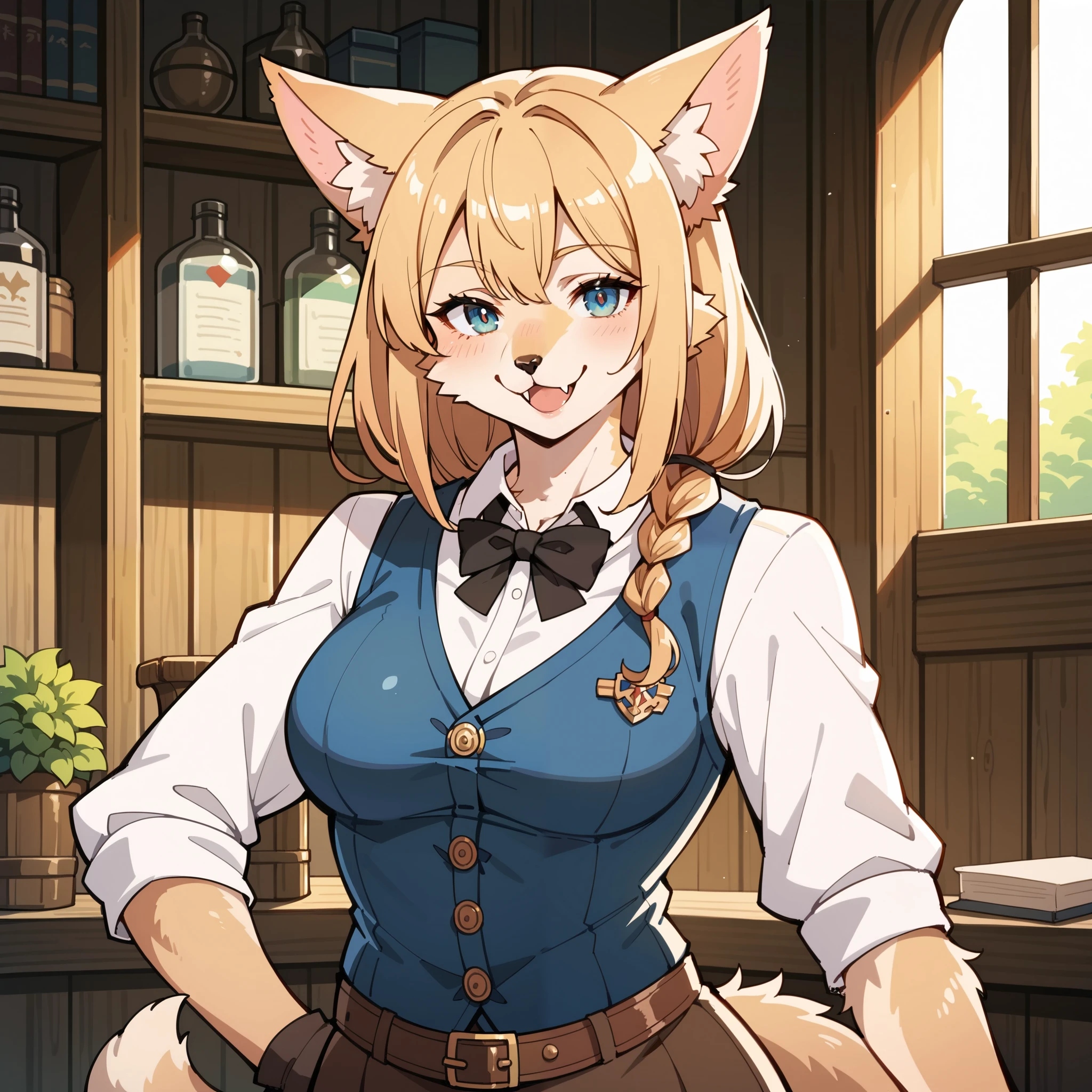score_9, score_8_up, score_7_up, score_6_up, score_5_up, score_4_up, hires, masterpiece, Medieval, Adventurer's Guild reception, 1girl, kemono, guild_receptionist, looking_at_viewer, animal_ears, animal_tail, furry_female, professional_attire, business_smile, blouse, vest, formal_wear, standing_behind_counter, upper_body, eye_contact, front_view, detailed_background, fantasy_setting, counter, indoors,