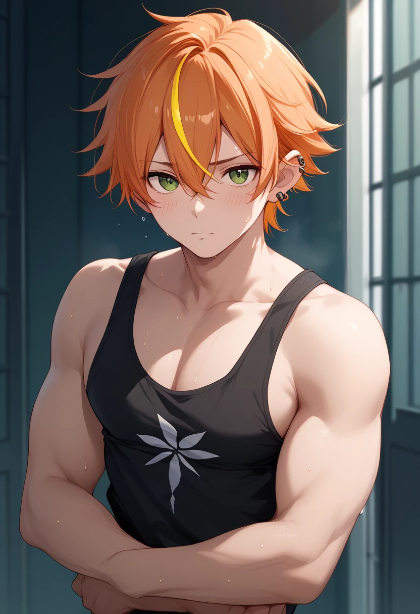 1boy, shinonome_akito, orange hair, yellow streaked hair, yellow hair, green eyes, 1 ear piercing, short hair, hair between eyes, bangs, clavicle, bare shoulder, black tank top, chest, blushed, sweating, pecs shot, arms crossed, looking at viewer , pecs, thin body, 