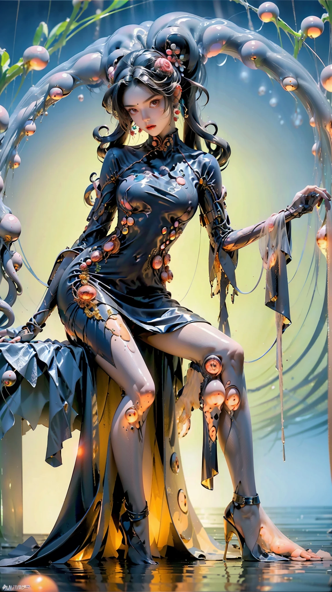  Cyber Tentacle Monster Monk ，（Twin ponytails：1.5、Deep Sea Creatures、 Medusa Hairstyle 、 Tentacle-like Hairstyle ：1.8），Biology is perfect、 Medical Beauty Skin 、 Classical Aesthetic Posture Adjustment and Shaping ， Illusory Aura ，Chic，Dynamic，Holy Aura，Mecha exoskeleton ，Gesha Buddha Dress ， Shining Fire Crystal Foot Ring 。 golden ratio body ，Beauty，Tear mole，（ Super Teardrop Chest 1 .8）， narrow ribs ，Slim waist and abdomen，Vacuum belly， long body ， extra long legs ，Perfect muscle lines， neon shine ， blur super giant body background。 Master Composition ， Clean Picture ， bright color ，hdr，（Super real， Super Detailed ，Super complex，Super-sharp ， Ultra high quality output ），（ concentrated computing power is metaphor in the language of a camera、Implicit 、 Conceals Mysterious Temple Level Sexual Tension ：1.8），＜centaur concept>，