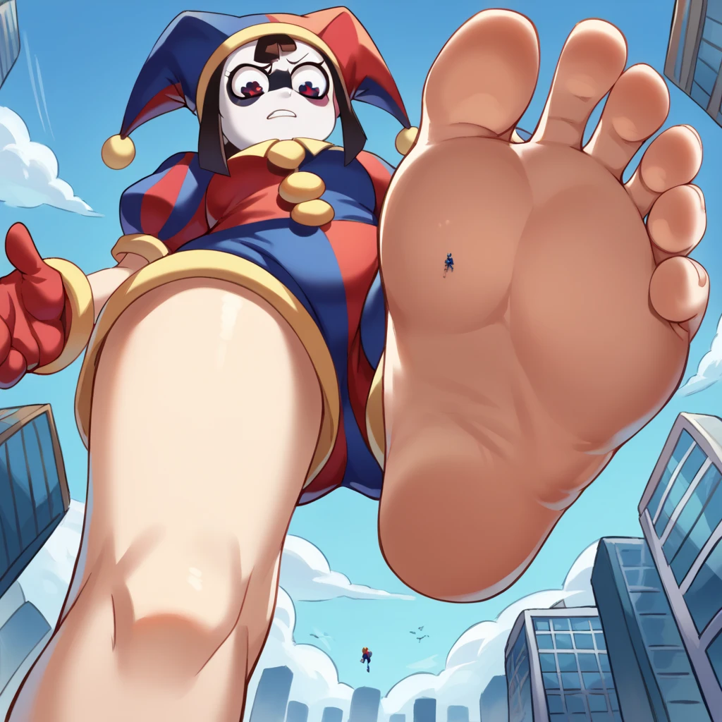 score_9, score_8_up, score_7_up, source_anime, BREAK pov: under giantess,1girl,Pomni,jester cap, gloves, puffy short sleeves, red eyes and blue eyes, striped,from below,stomp,barefoot,soles,city,building